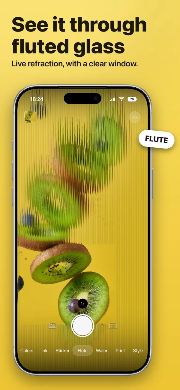 The Ifscape camera screen with Flute selected in the style bar at the bottom, showing kiwi slices through fluted glass and a clear window above the shutter.