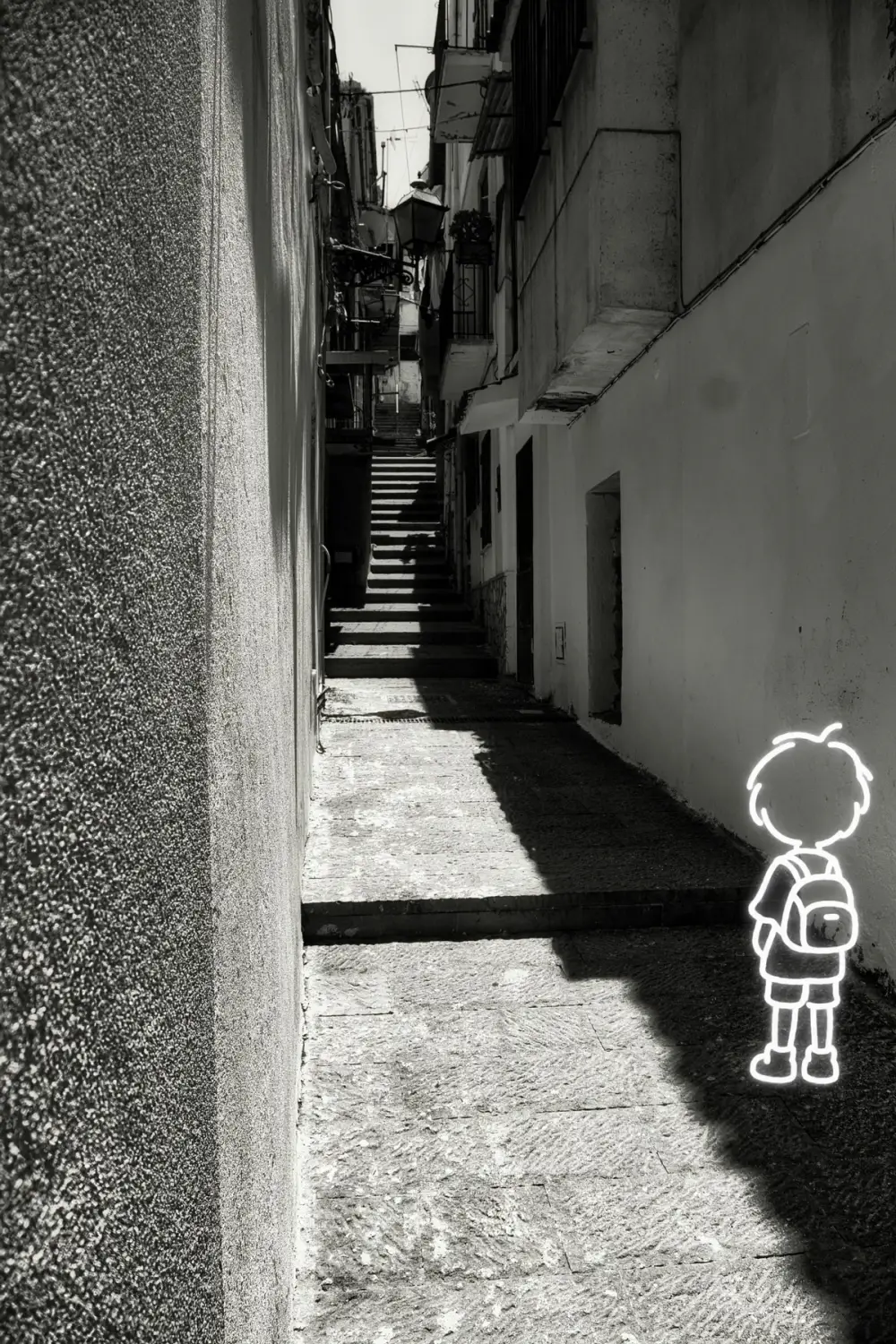 A black-and-white alley with stairs, and a glowing white line drawing of a child with a backpack standing by the wall.