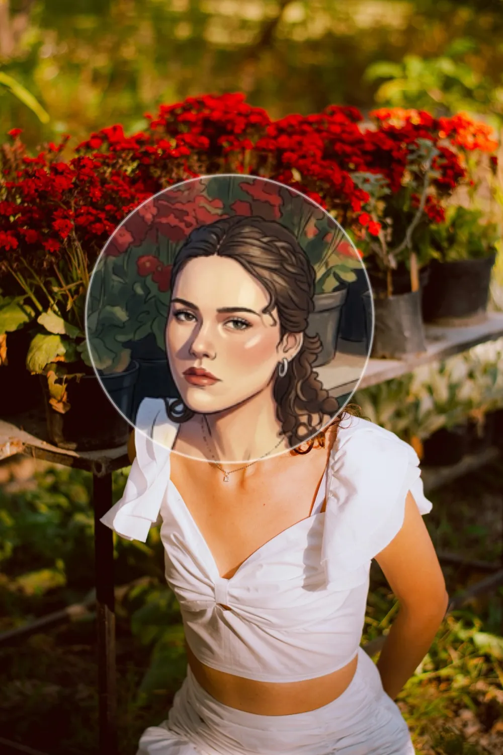 A woman in a white top in front of red flowers, with a round glass window that shows her face restyled as an illustration.